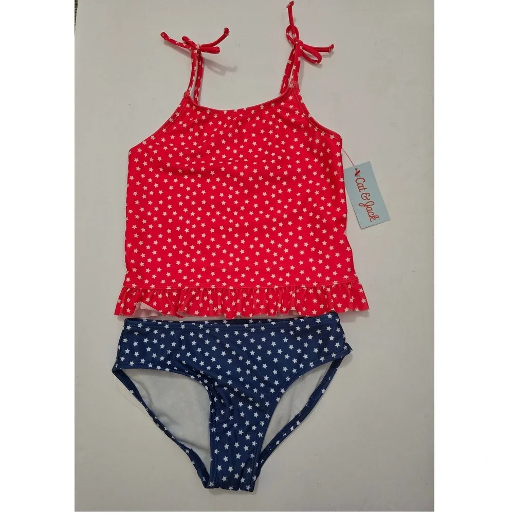 Cat & Jack Girls Red White Blue Star Tankini Swimsuit Set S 6/7 NWT